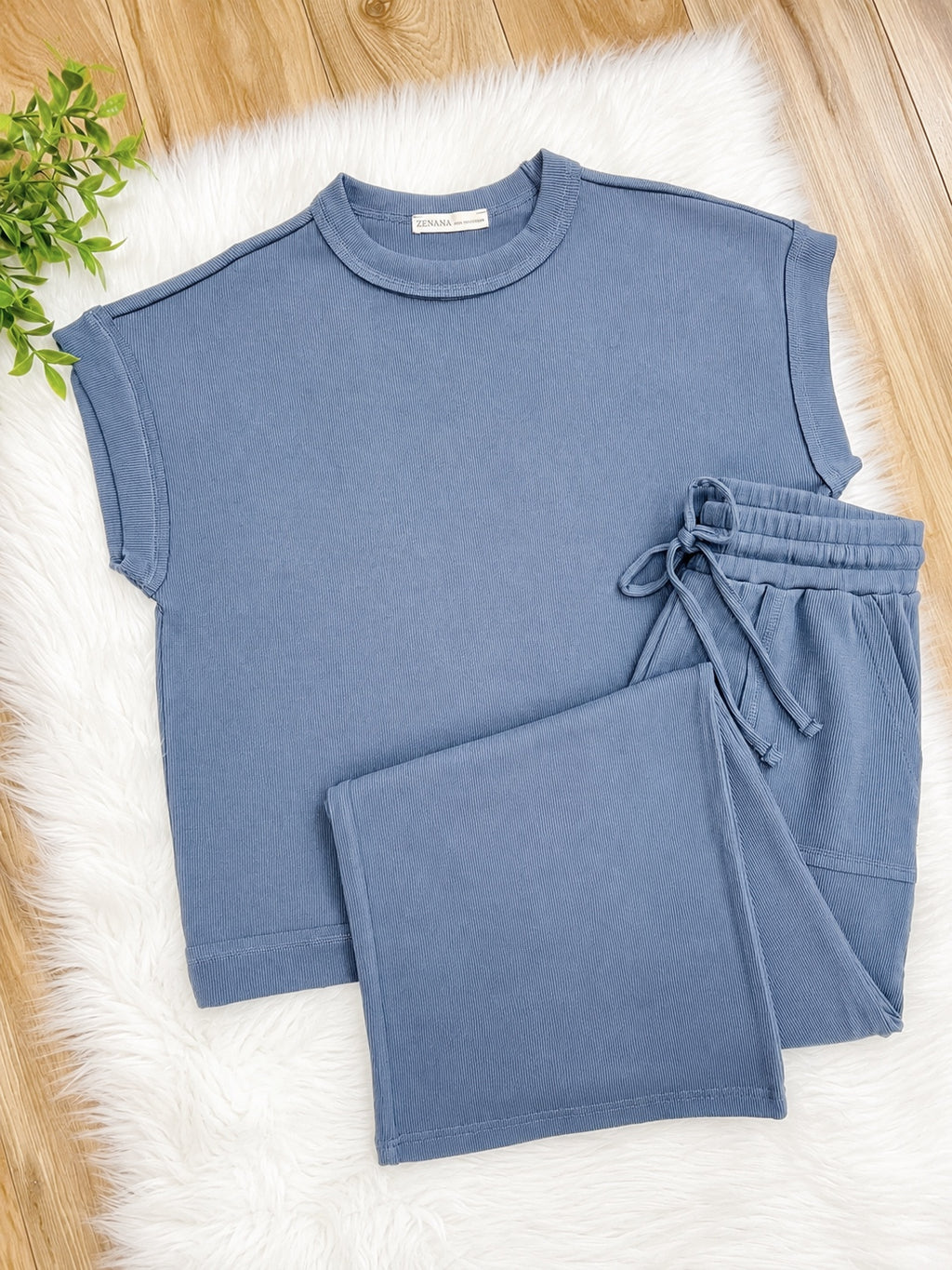 Women’s Zenana Dusty Blue Ribbed Cuff Sleeve Pant Set
