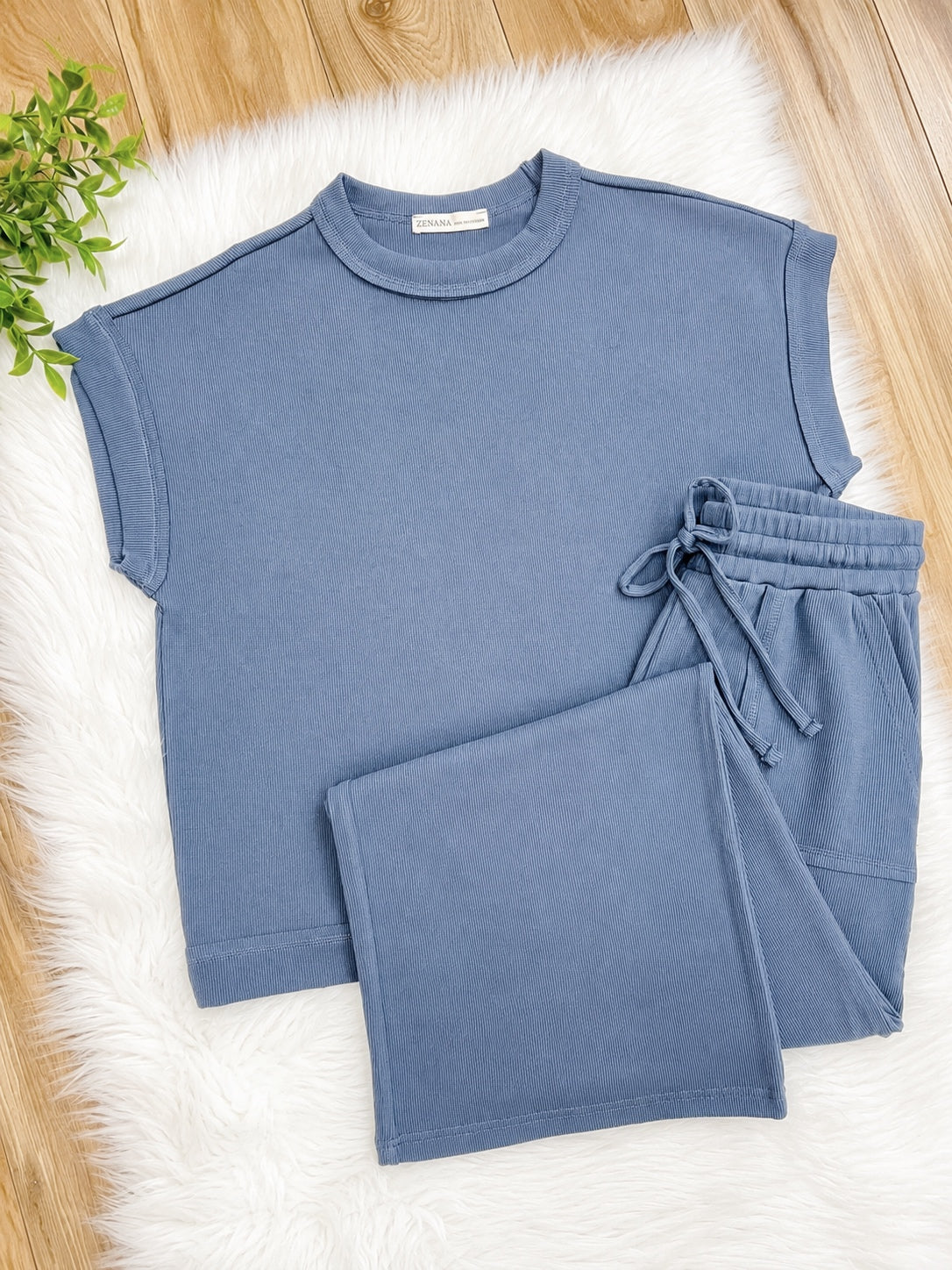Women’s Zenana Dusty Blue Ribbed Cuff Sleeve Pant Set
