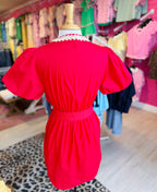 Women’s Jodifl Red Puff Sleeve Waist Tie Dress