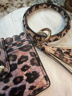 Wristlet ID Badge Pouch Keychain Leopard Leather