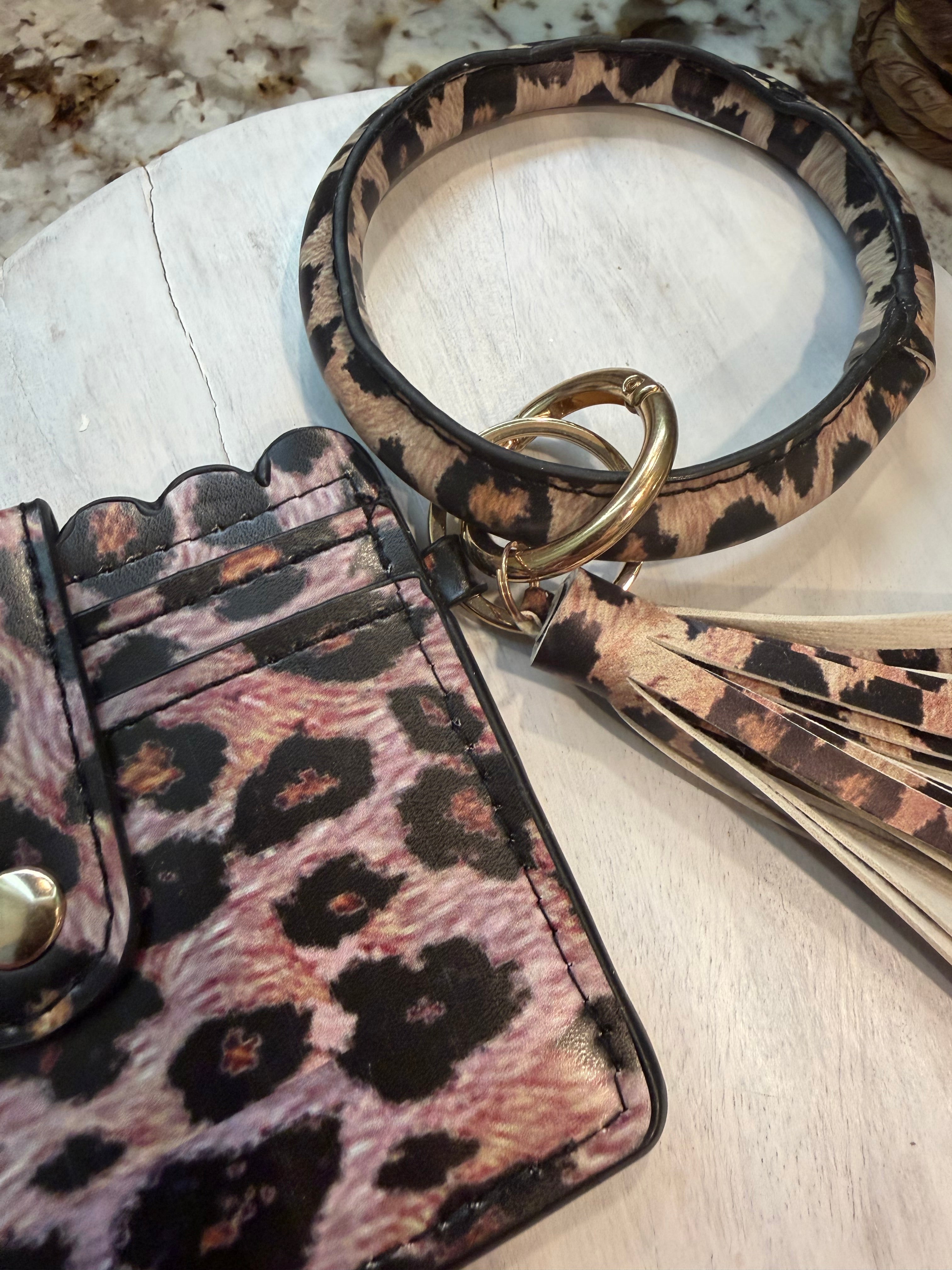 Wristlet ID Badge Pouch Keychain Leopard Leather