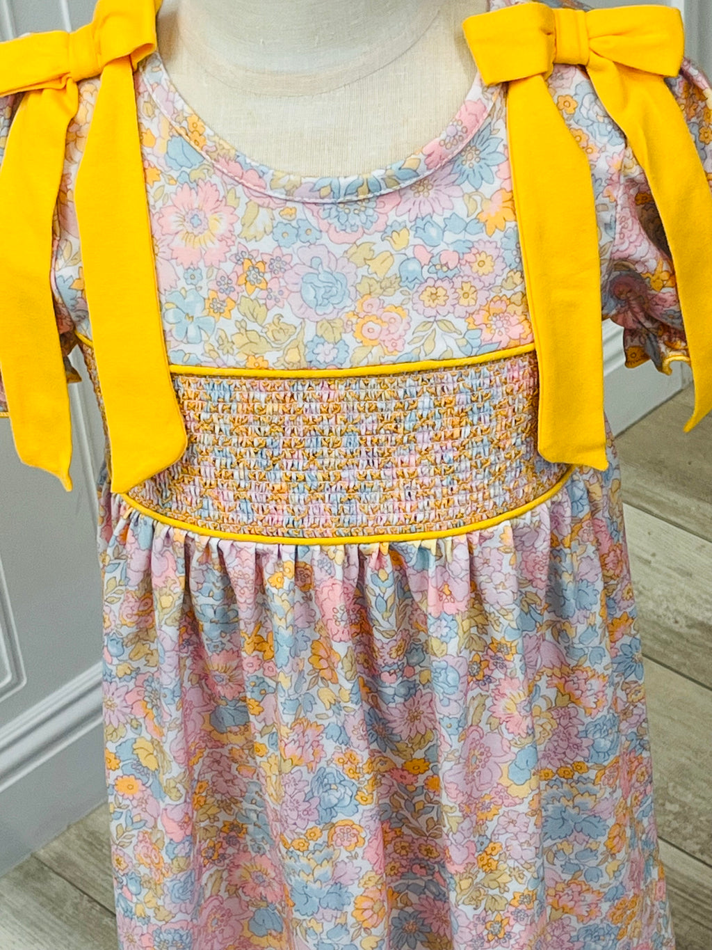 Girl’s Yellow Bow Smocked Floral Girl Dress