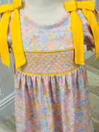 Girl’s Yellow Bow Smocked Floral Girl Dress