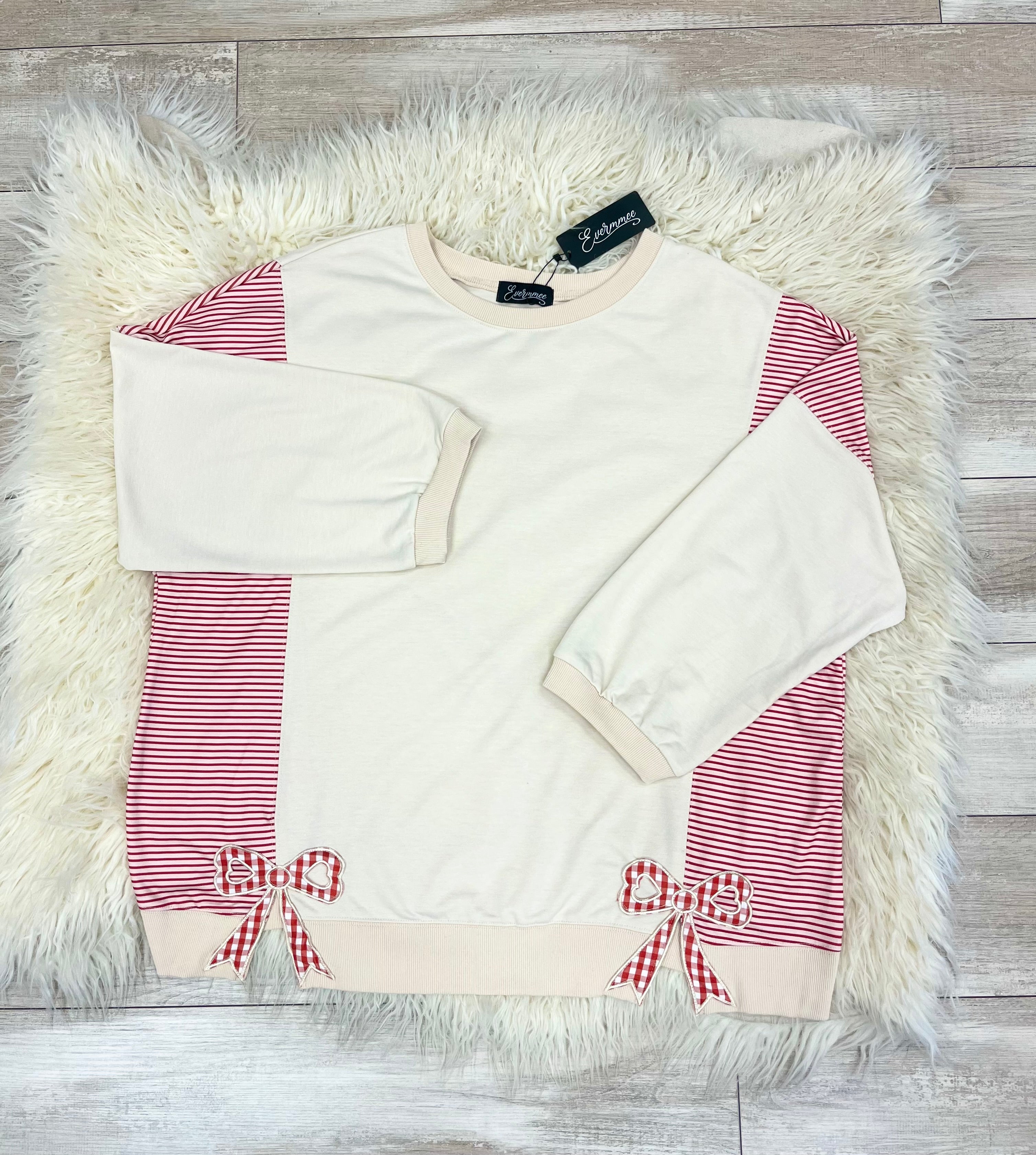 Women’s Evermmee Cream with Red and Pink Stripe and Bow Detail Top- Loose Fit