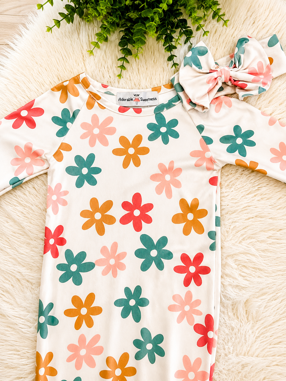 Girl’s Fall Floral Baby Gown with Matching Headband