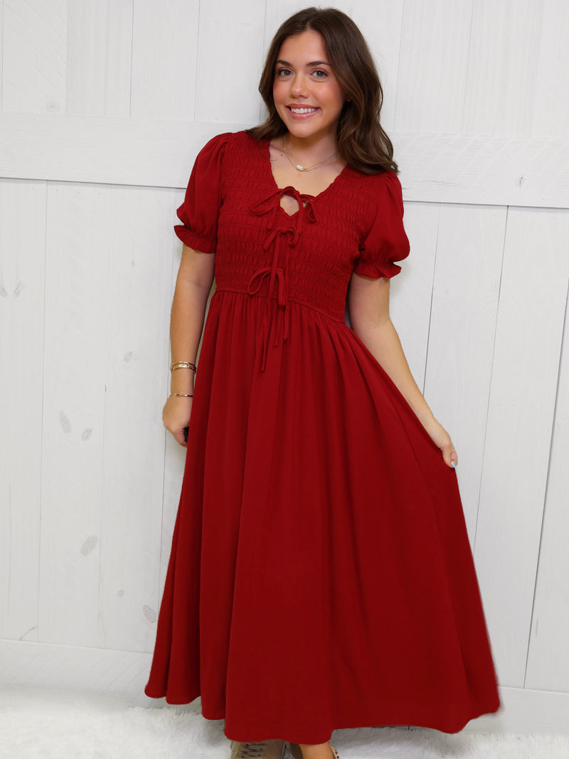 Wine Smocked Tie MIDI Dress