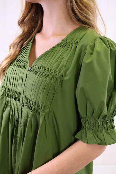 Entro Green Button Down Smocked Neck Dress