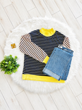 Women’s Navy Stripe Top with Yellow Trim and Peachy Pink Sleeves