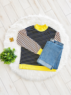 Women’s Navy Stripe Top with Yellow Trim and Peachy Pink Sleeves