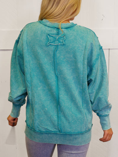 Turquoise Acid Wash Exposed Seam Sweater Pullover Top
