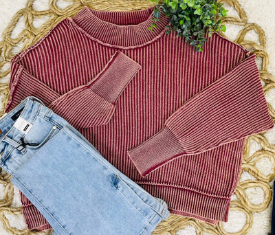 Cabernet Washed Side Slit Oversized Cropped Sweater