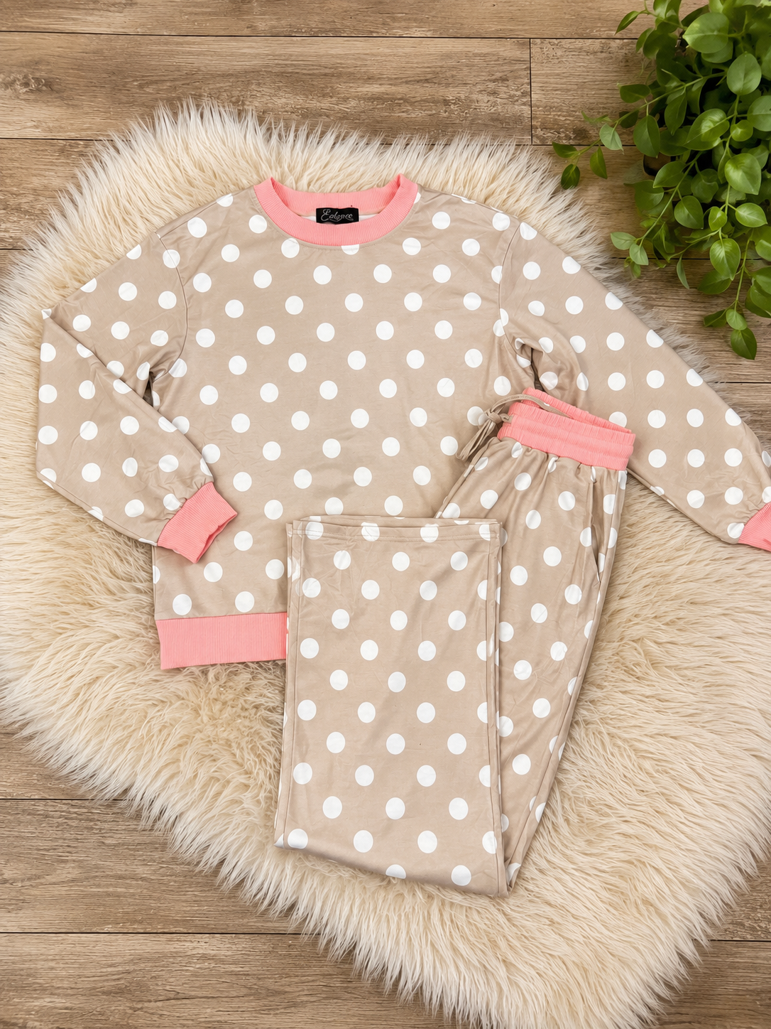 Evermmee Taupe Polka Dot Pants Set Womens