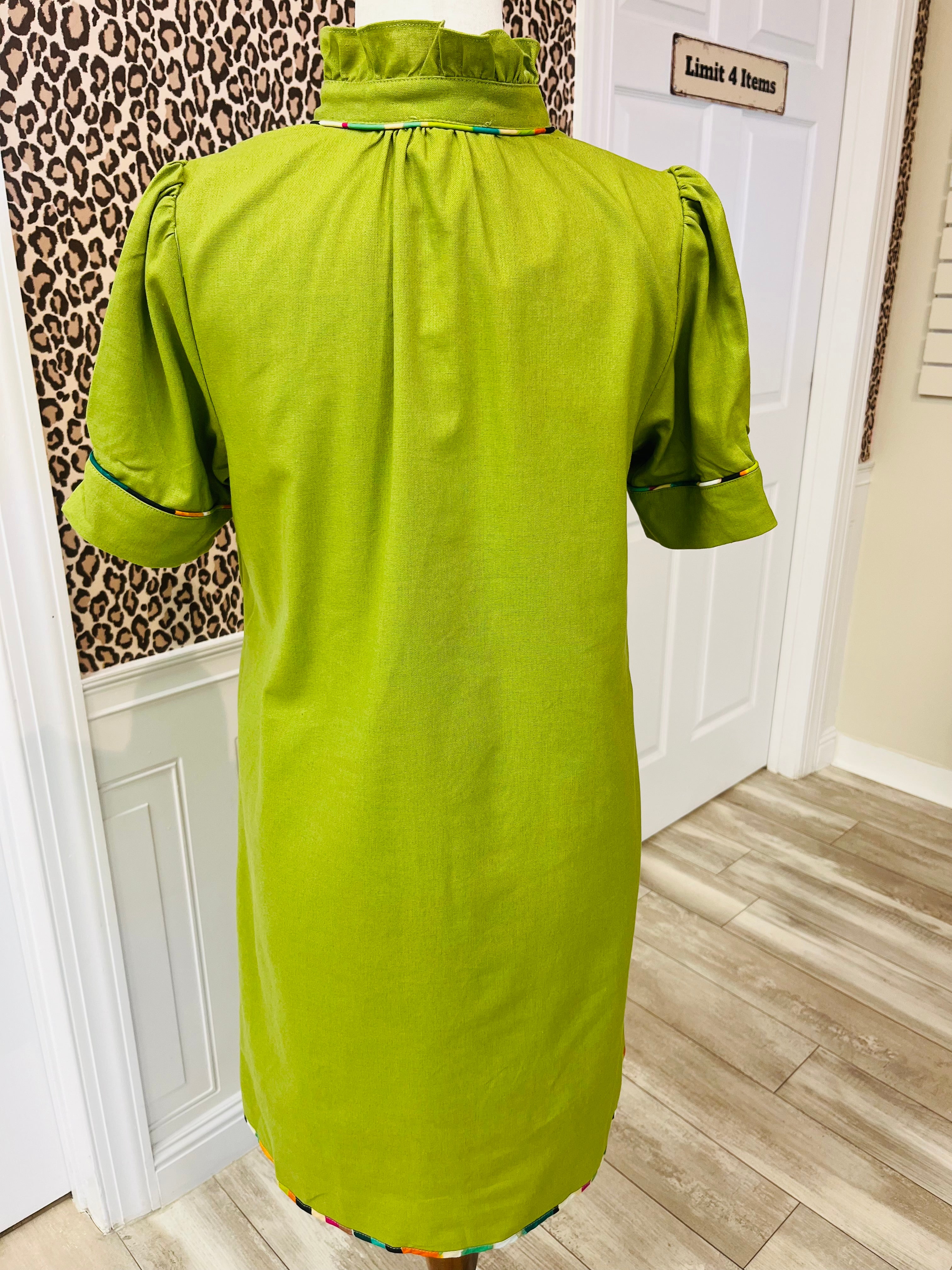 Women’s Linen V-Neck Mini Dress With Printed Embroidered Appliqué Design Details
