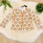 Women’s Orange Floral Print Contrast Detail Long Sleeve Blouse