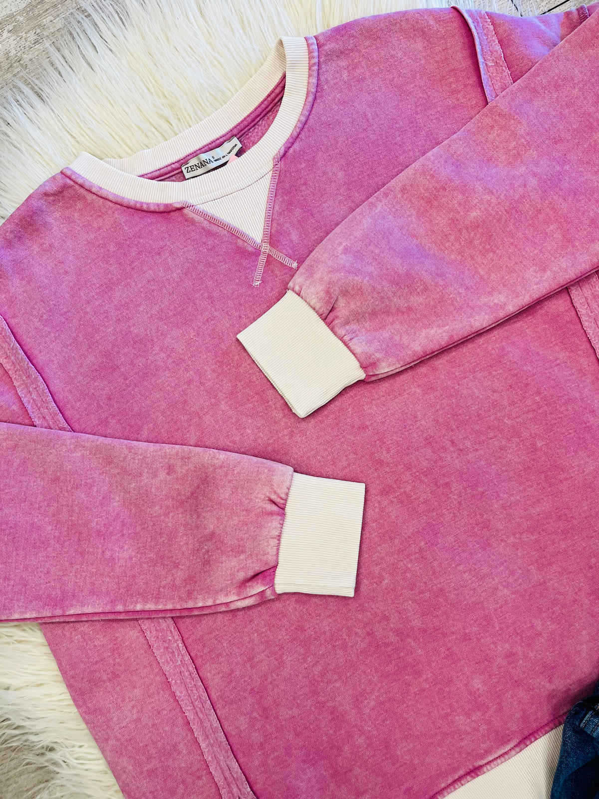 Women’s Zenana Washed Exposed Seam Sweatshirt In Raspberry Pink