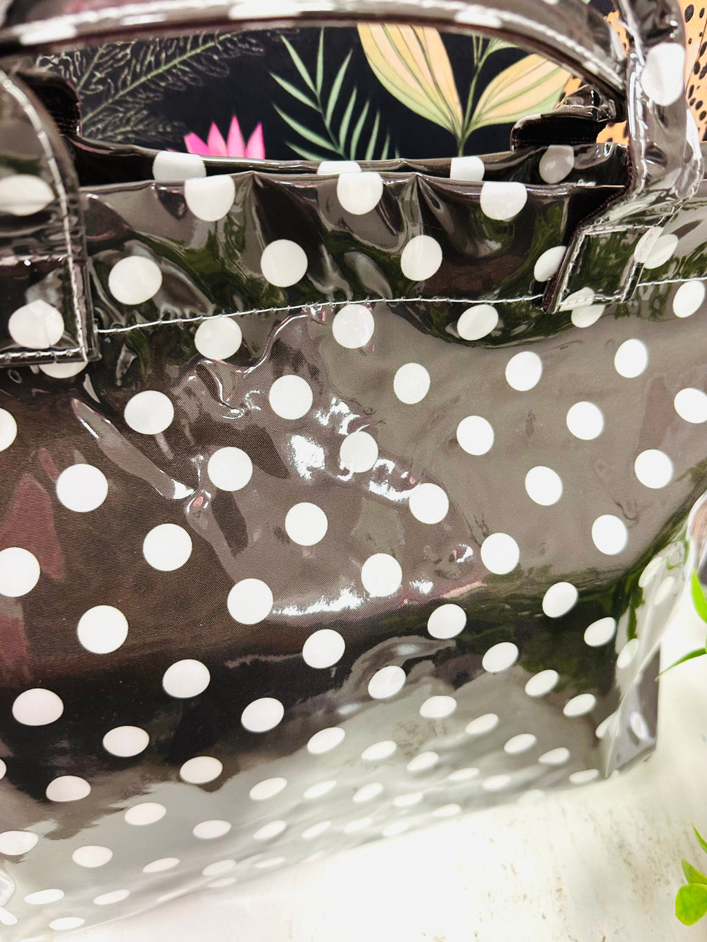 Women’s Brown and White Polka Dot Vinyl Tote Bag