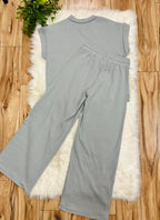 Women’s Zenana Grey Ribbed Cuff Sleeve Pant Set Loose Fit