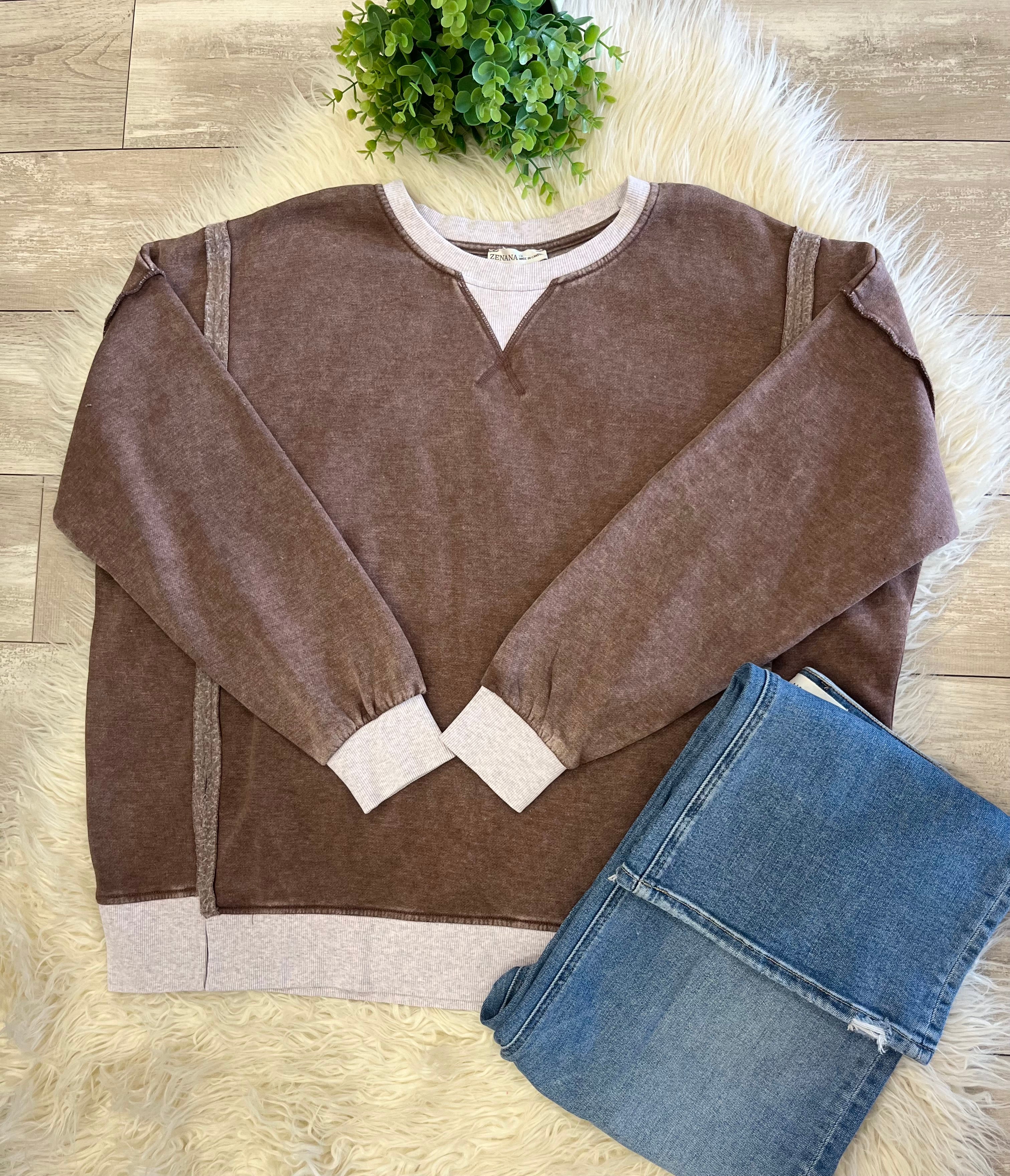 Women’s Curvy Zenana Washed Exposed Seam Sweatshirt In Brown