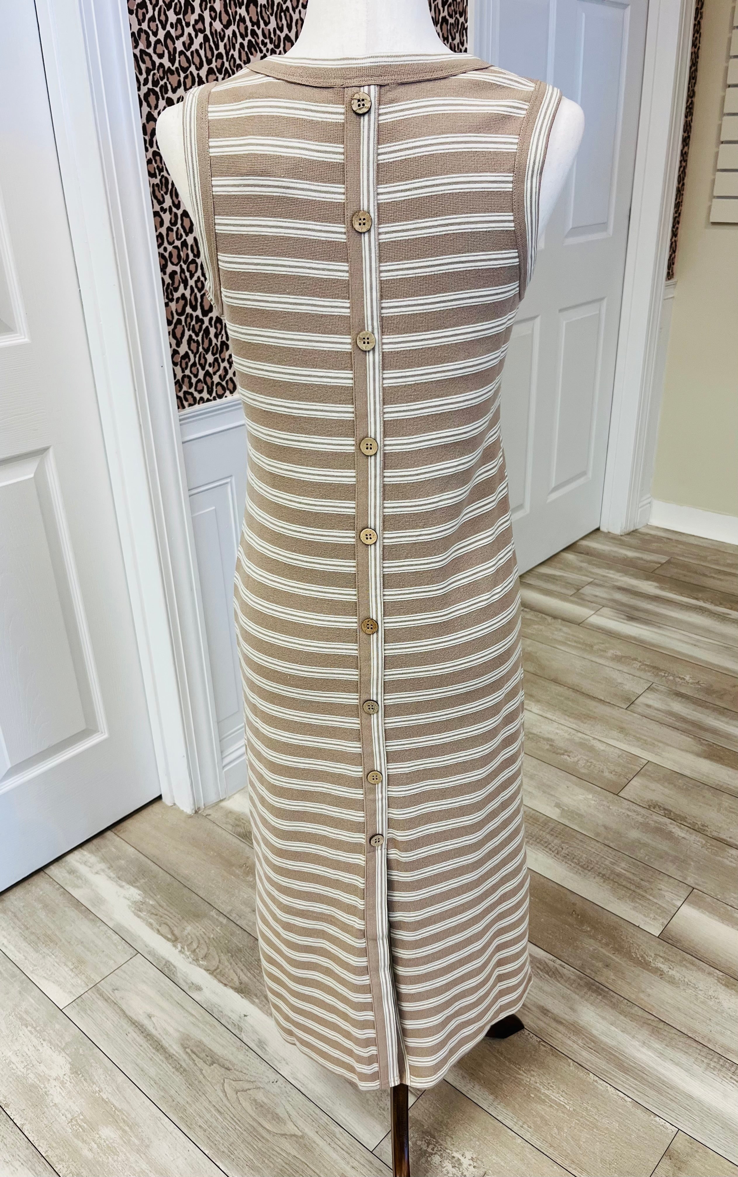 Women’s Blue Pepper Taupe Stripe Button Down Back Dress