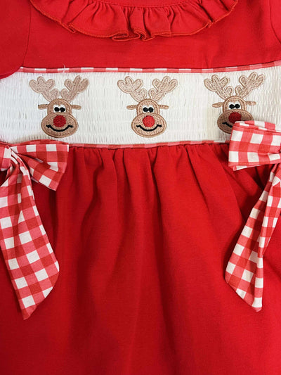 Girls Red Smocking Reindeer Holiday Dress