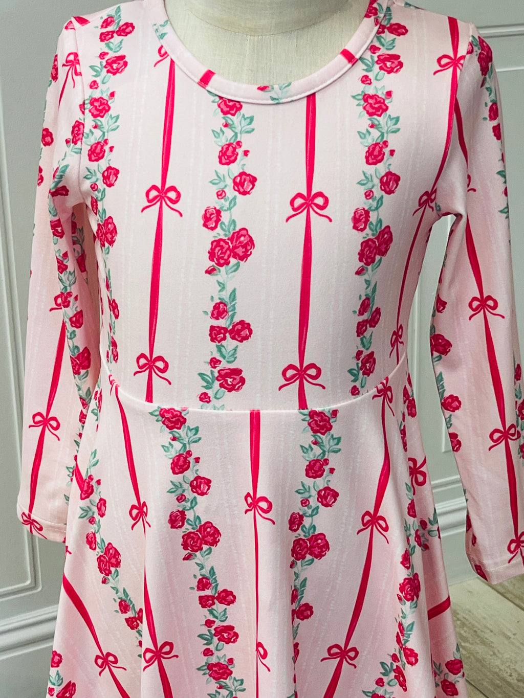 Girl’s Bow Rose Dress Long Sleeve Twirl Dress