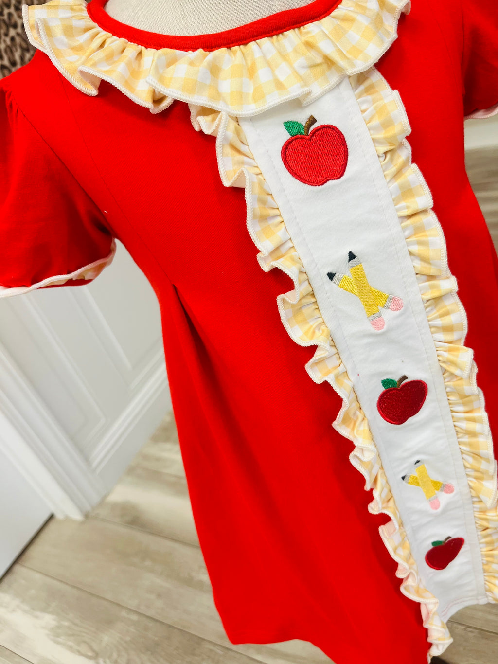Girl’s Sweet Apple Embroidered Pencils Ruffle Dress