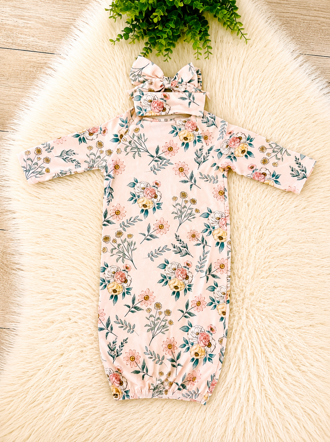 Girl’s Pink Mixed Floral Baby Gown wit Matching Headband