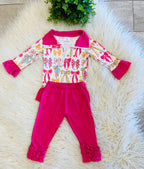 Girl’s Vibrant Bow Pattern Pink Ruffle Trim Quarter Zip Outfit