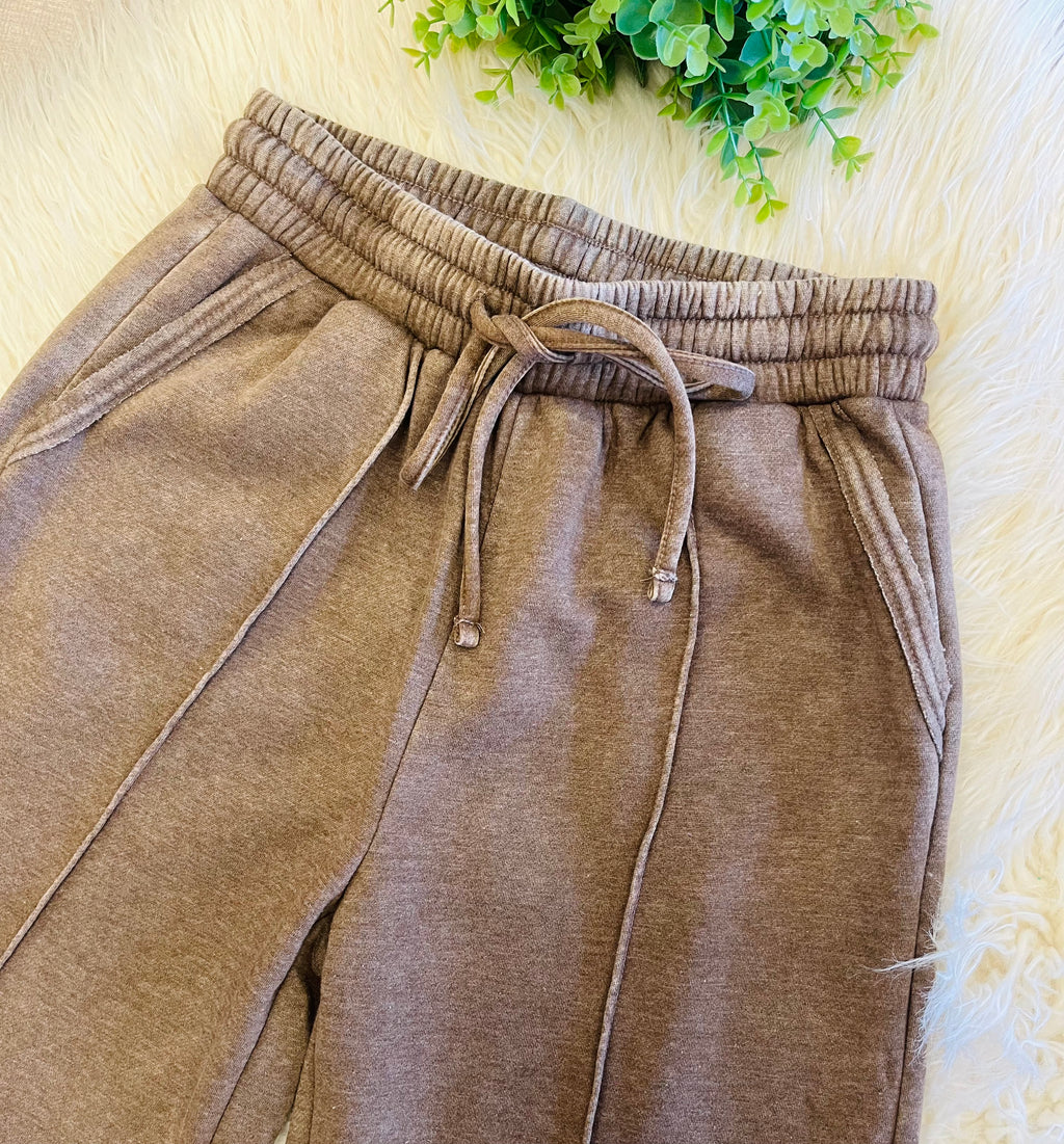 Women’s Zenana Cropped Wide Leg Comfy Mocha Acid Wash Pants - True to Size