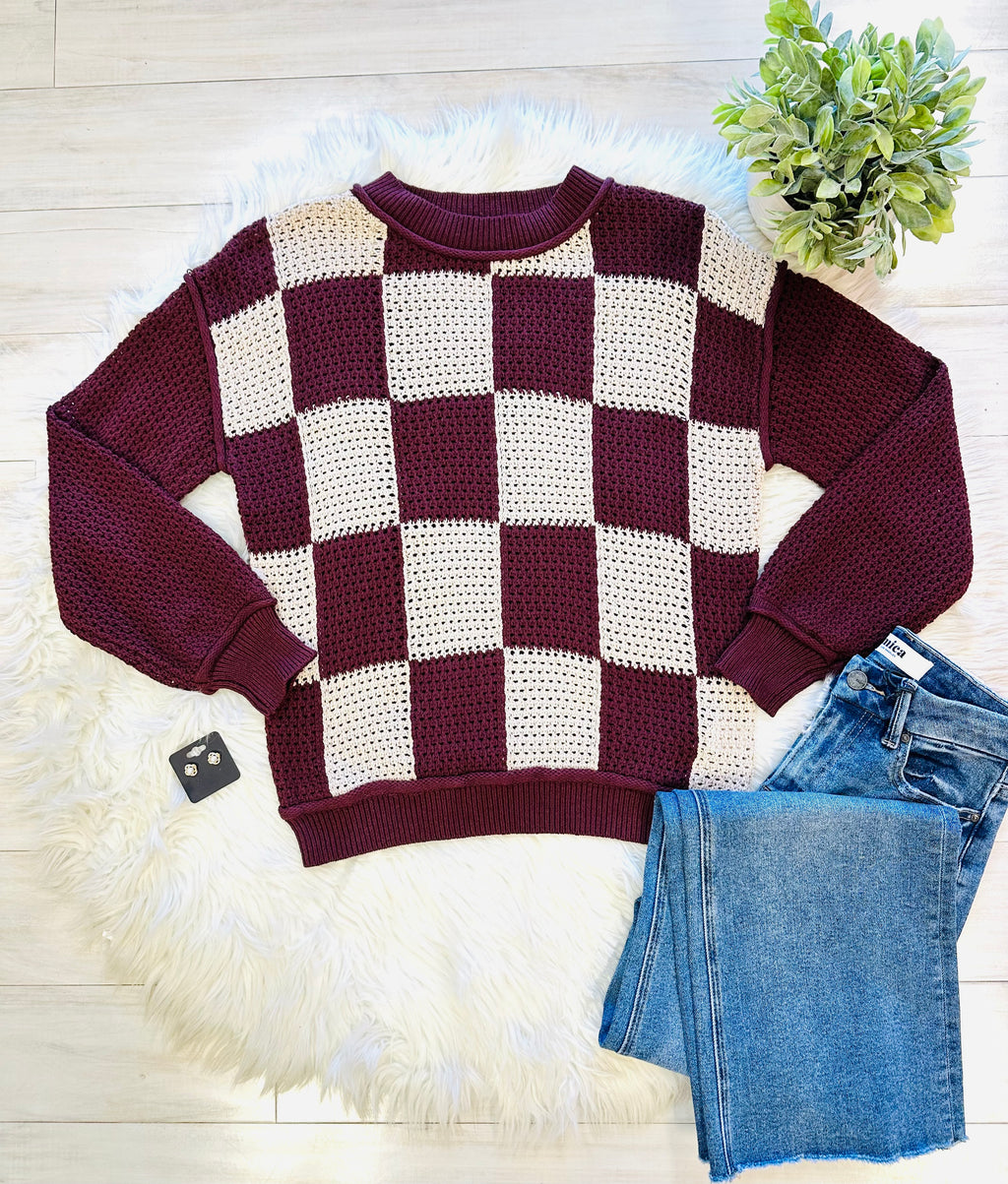 Women’s Evermmee Burgundy and Cream Checkered Sweater Top - True to Size