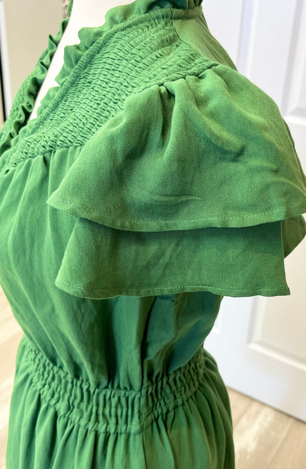 Women’s Umgee Olive Green Smocked Bodice And Layered Ruffle Sleeve Dress