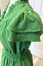 Women’s Umgee Olive Green Smocked Bodice And Layered Ruffle Sleeve Dress
