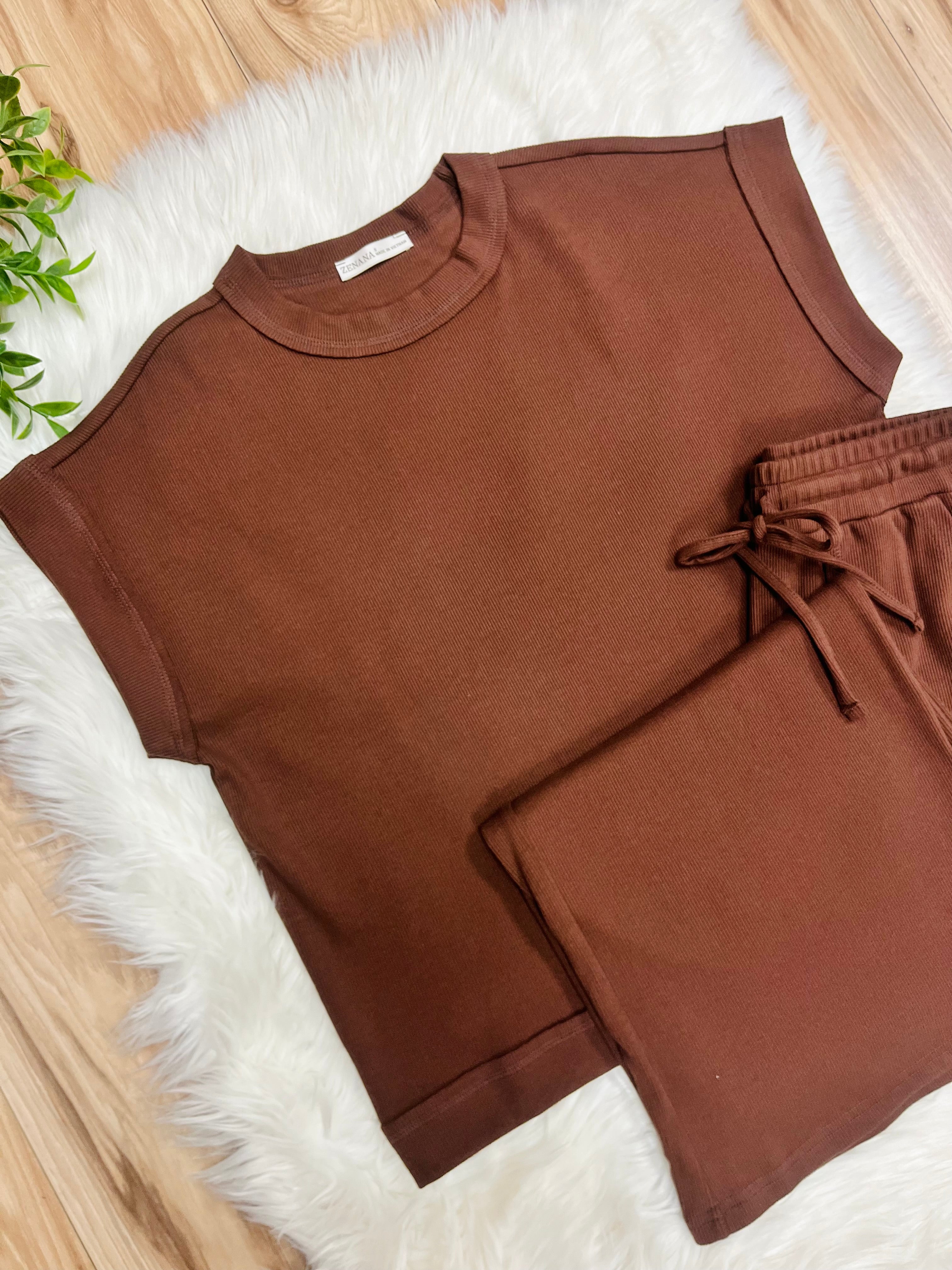 Women’s Zenana Brown Ribbed Cuff Sleeve Pant Set