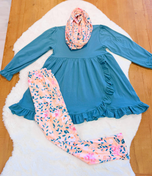 Girls 3 Piece Floral Leggings and Scarf Set