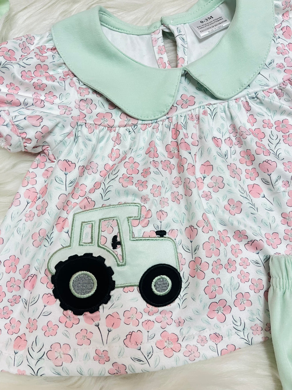 Girl’s Pink and Sage Floral Print Tractor Bubble