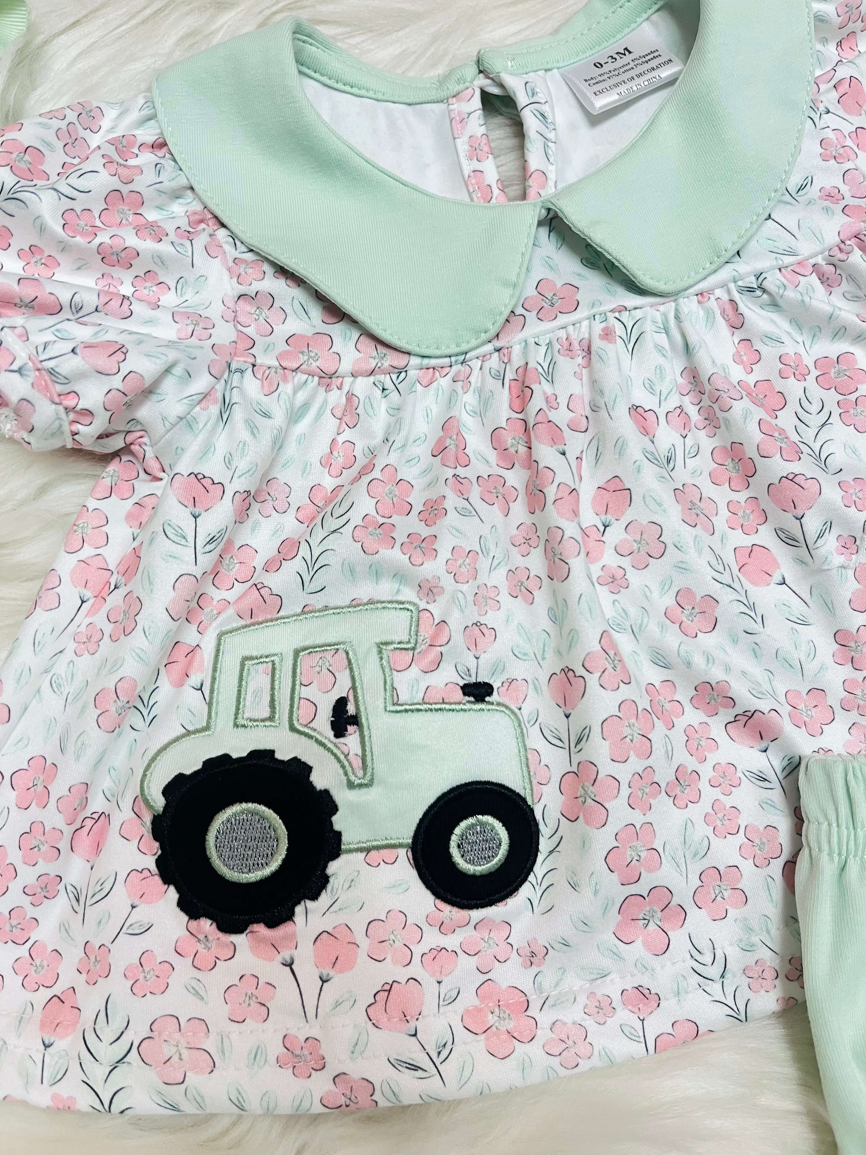 Girl’s Pink and Sage Floral Print Tractor Bubble