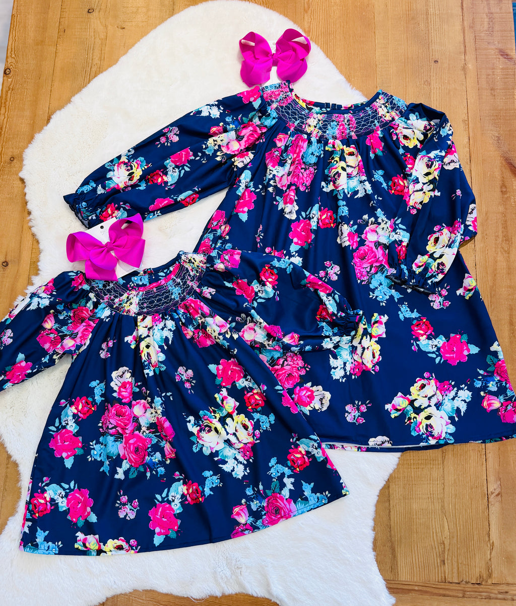 Girls Navy Floral Smocked Dress