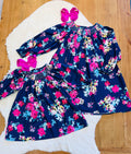 Girls Navy Floral Smocked Dress