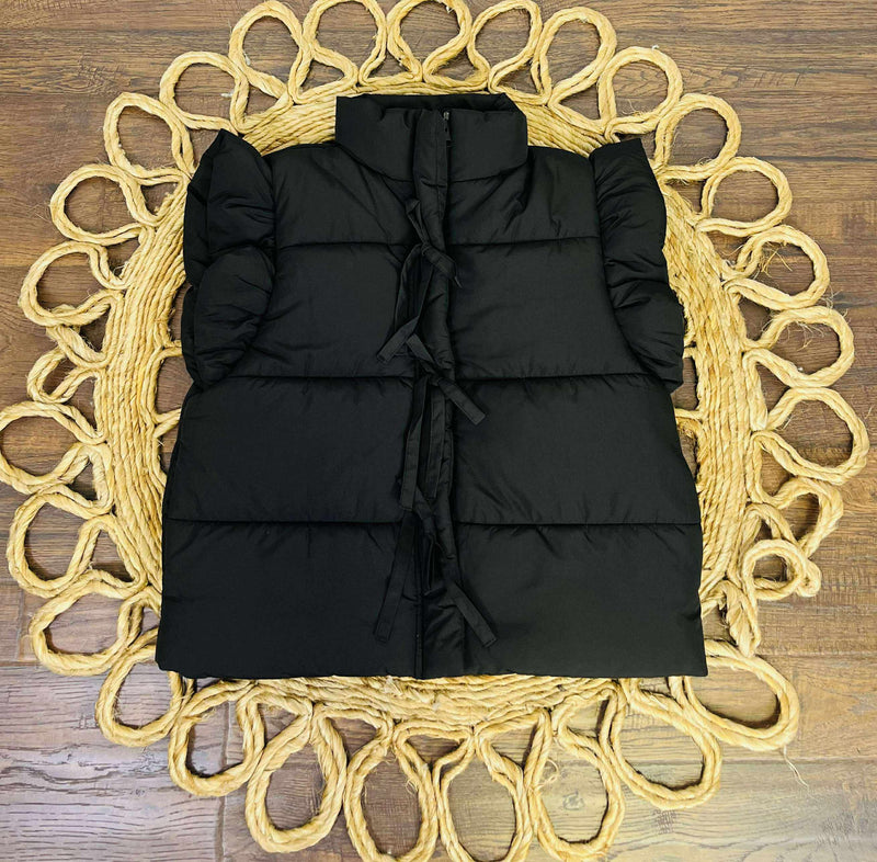 Women’s Black Flutter Sleeve Bow Detail Puffer Vest
