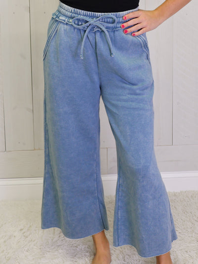 Blue Grey Acid Wash Fleece Palazzo pant with pockets