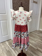 Girl’s Mixed Pattern Floral Gingham Bow Tiered Twirl Dress