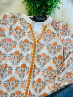 Women’s Orange Floral Print Contrast Detail Long Sleeve Blouse