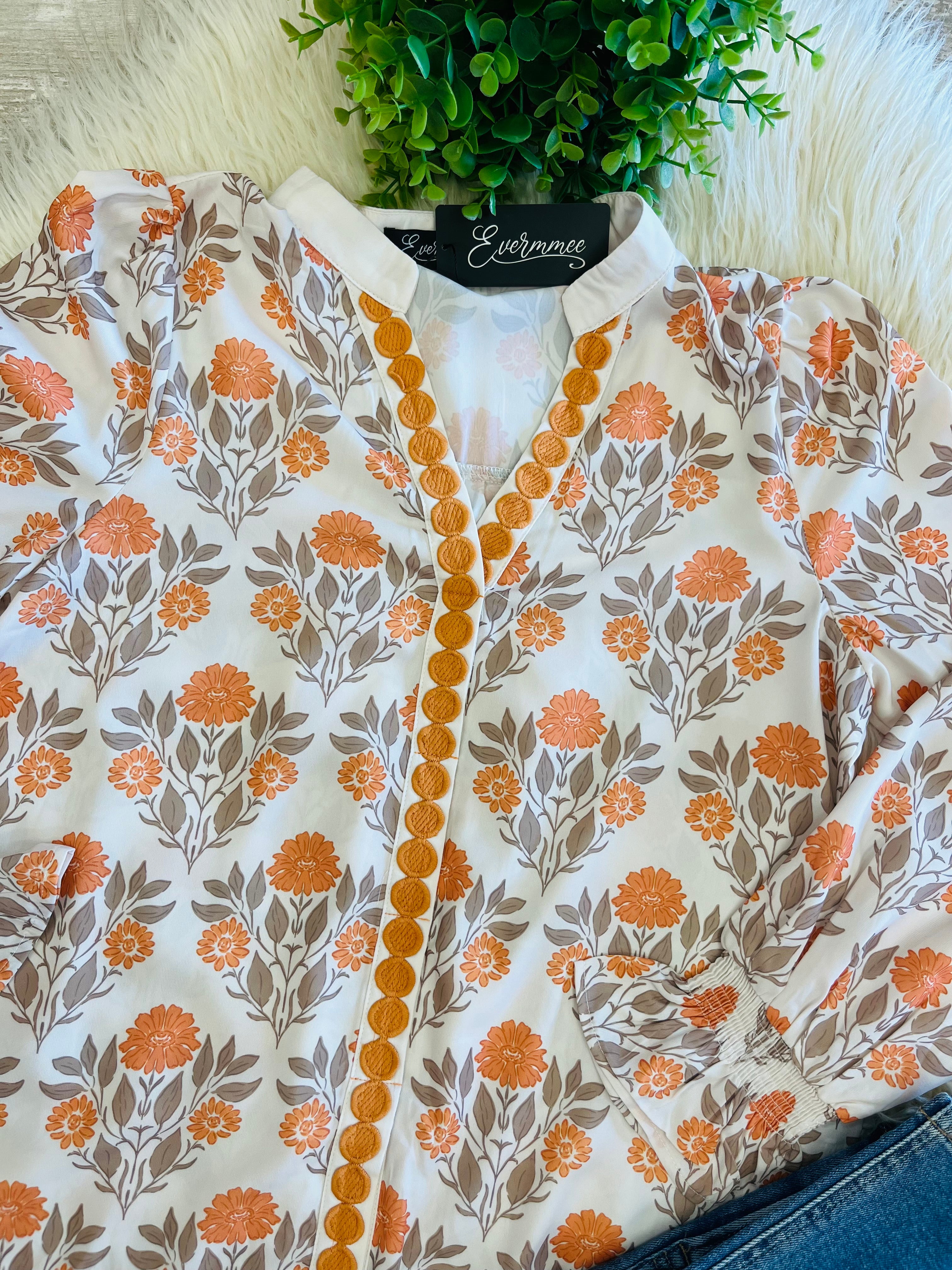 Women’s Orange Floral Print Contrast Detail Long Sleeve Blouse