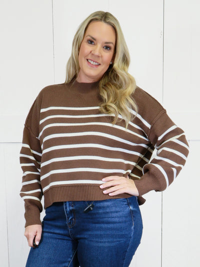 Women’s Stripe Exposed Seam Oversized Sweater Brown Top Pullover