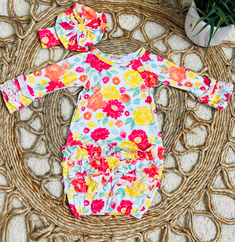 Clover Cottage Bright Floral Gown with Headband