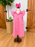 Girls Pink Ruffle Sleeve Collared Linen Dress