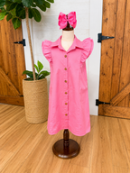Girls Pink Ruffle Sleeve Collared Linen Dress