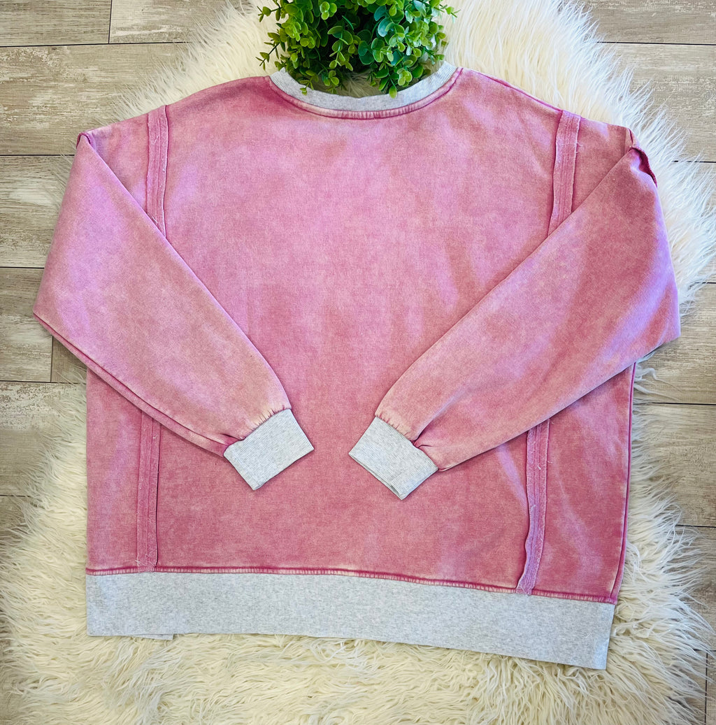 Women’s Curvy Zenana Washed Exposed Seam Sweatshirt In Vintage Pink