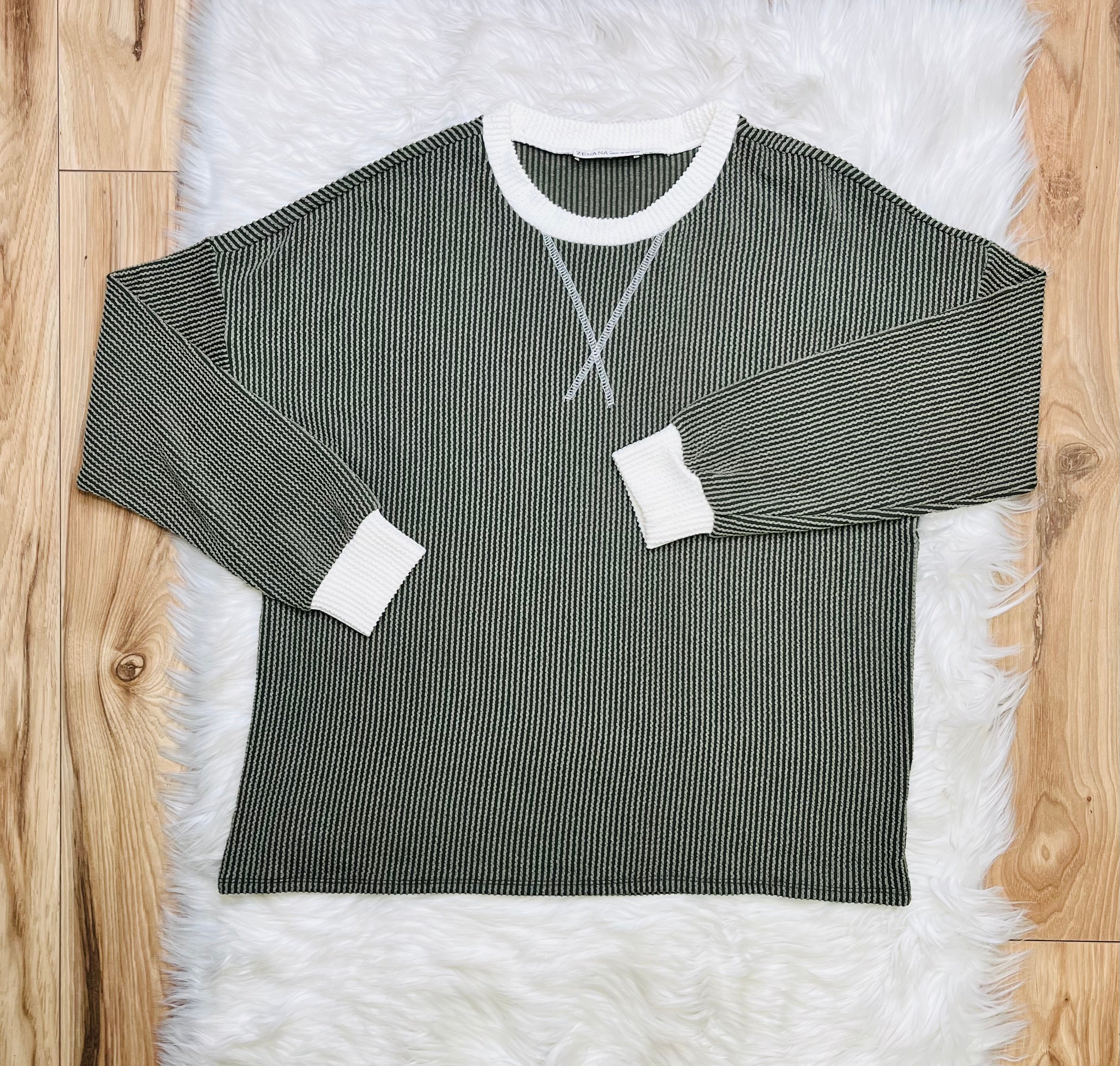 Women’s Zenana Olive Green White Detail Ribbed Set