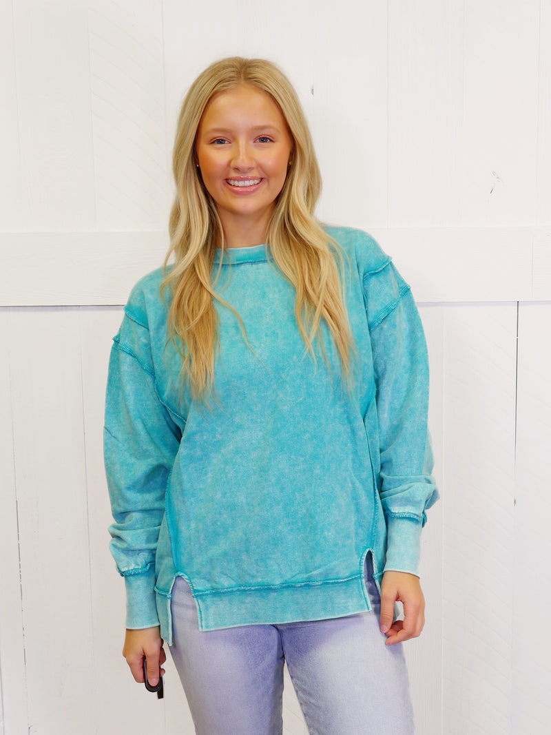 Turquoise Acid Wash Exposed Seam Sweater Pullover Top